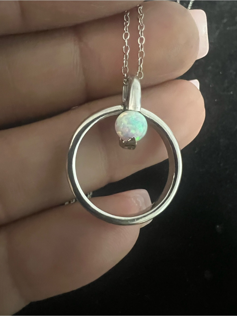 925 STERLING Silver Opal Orb Circle Pendant Necklace - White Opal